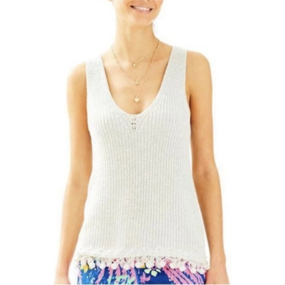 Lilly Pulitzer Beige Metallic Silver Knit V-Neck Pom Pom Fringe Tank Top XXS